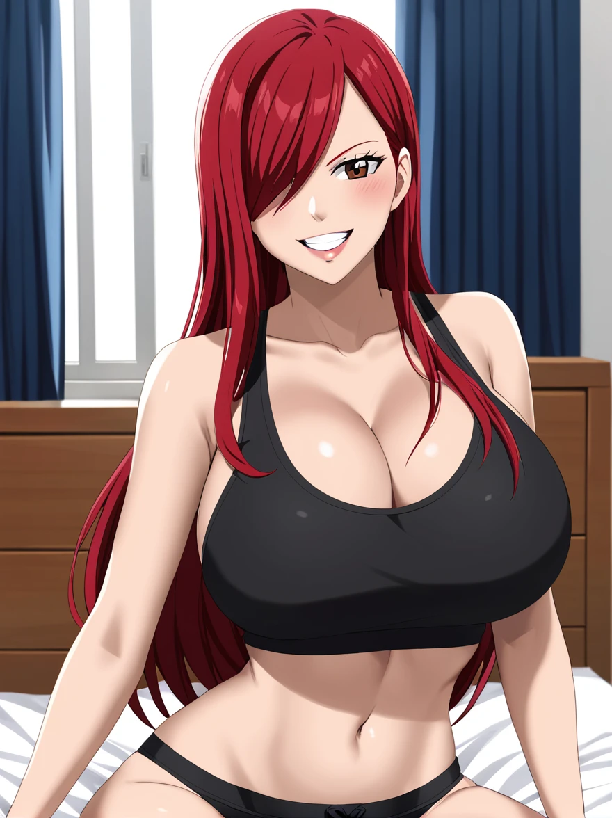 Erza, red hair, navel, crop top, , tank top, collarbone, 1girl, bare shoulders, midriff,cleavage, hair over one eye, large breasts, underwear, long hair,animerza, looking at viewer, grin, brown eyes ,masterpiece, best quality, room, big breasts, cleavage, seductive smile,blush, grabbing breasts, brab breasts, bouncing breasts,