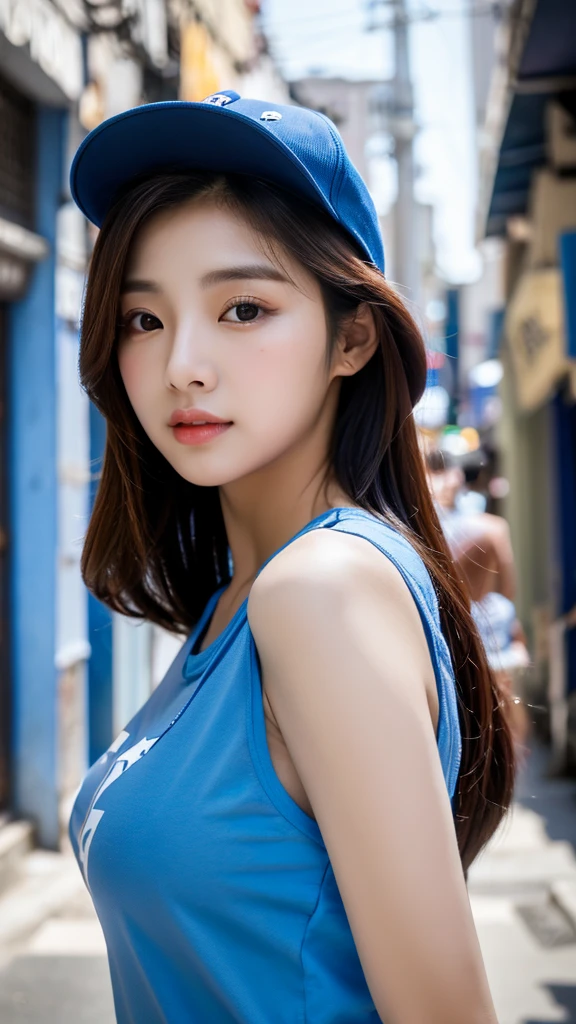 close-up of beautiful korean female, 34 inch breasts size, wearing blue t-shirt, cap, in the alleyway, bokeh background, cinematic scene, UHD