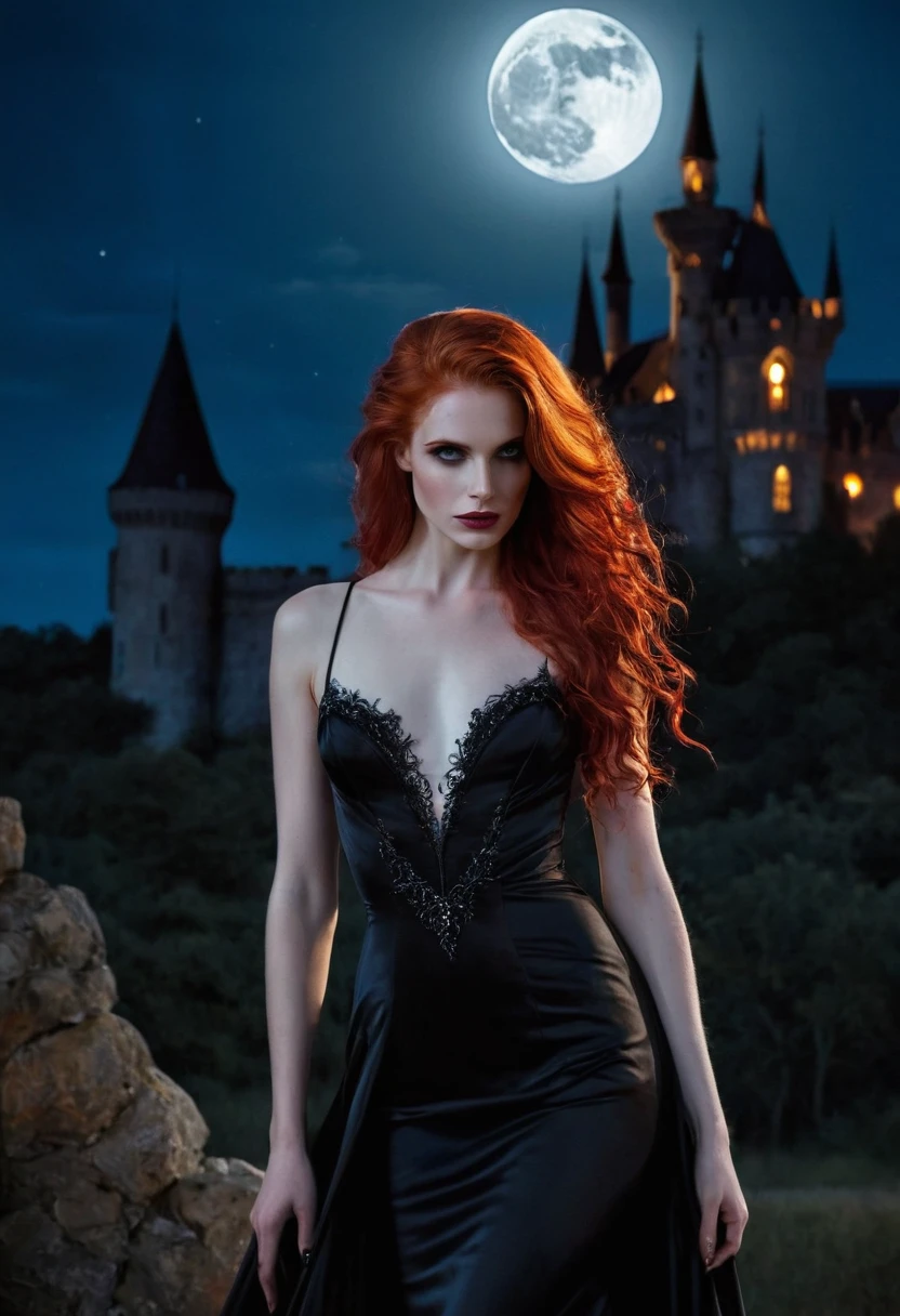 a woman with a compelling and dramatic look, her striking red hair vibrant against the night sky. She wears a fitted black gown with a low neckline and decorative details that suggest a blend of gothic and elegance. Her pose and expression convey a sense of poise and self-assurance. The full moon looming large behind her adds a mystical or supernatural quality to the image, complementing the shadowy, gothic-style castle in the distance. The juxtaposition of her warm hair color against the cool moonlight creates a dynamic contrast, enhancing the overall mood of the scene. 16k resolution, oil on canvas, fine art, super dramatic light, sharp focus, grain, sinister