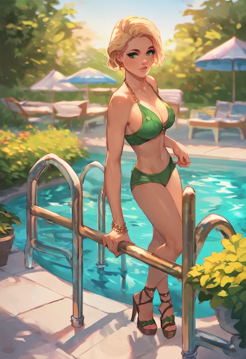 score_9, score_8_up, score_7_up,score_6_up, score_5_up, score_4_up, source_comic, detailed soft lighting, 1girl, solo, large breasts, (AchaseDG, hort hair, blonde hair, green eyes:1.1), green bikini, high heel sandals, relaxing by the resort pool, outdoors, (masterpiece, best quality, highly detailed, beautiful).