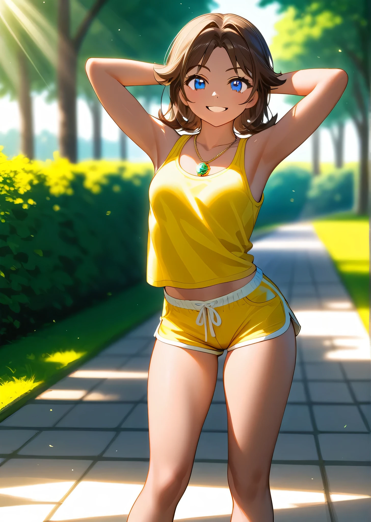 [daisy], [Princess_Daisy], ((masterpiece)), ((HD)), ((high res)), ((solo portrait)), ((front view)), ((feet visible)), ((anime)), ((detailed soft shading)), ((beautiful render art)), ((intricate details)), {(athletic figure), (brown tanned skin), short brunette hair, (cute blue eyes), (small breasts), (toned body), (curvy hips), (beautiful legs), (cute excited grin)}, {(yellow tank top), (yellow jogger short shorts), (white and yellow sneakers), (green pendant)}, {(standing), (hands behind head), (looking at viewer)}, [ambient lighting, park, sun rays]