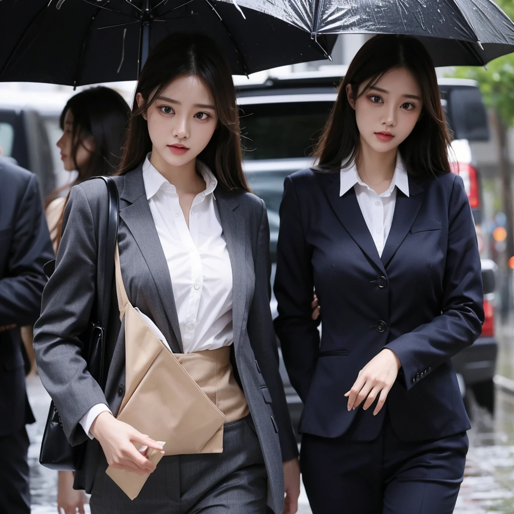typhoon、Beautiful woman in the rain、雨で濡れたBeautyOL、Detailed face、Realistic、beautiful girl、Beauty、Office Lady Uniform、beauty、Beautiful woman、Narrow waist、Handsome woman、Tight pants look、suit、Sexy pose、タイトなsuitパンツ、雨で濡れたsuit、Wet shirt、See-through shirt、Shot in heavy rain、See-through underwear