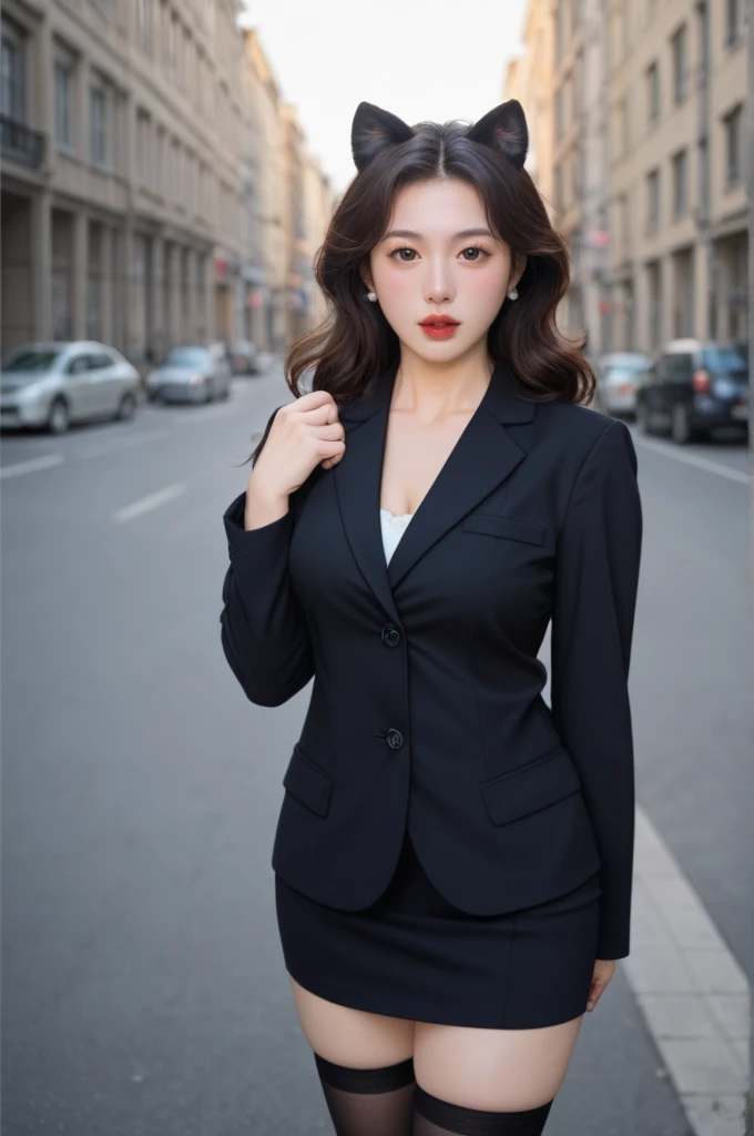 realistic,score_9, score_8_up, score_7_up, BREAK,
In this ultra-detailed CG wallpaper masterpiece, a mature female Kpop idol stands on a busy outdoor street, captured by a Nikon D750 with a f/1.4 55mm lens. Her dynamic angle and professional lighting, with photon mapping and radiosity, create an ultra-realistic effect. She gazes directly at the viewer, her blush accentuating her shiny, oil-like skin. Her face is highly detailed, with wavy blond hair and a sophisticated style, and she exudes aegyo sal, with puffy eyes, long eyelashes, parted lips, and red lipstick. Her wide shoulders and medium breasts are subtly revealed, and she wears animal ears, thigh-highs, and a silk coat inspired by Song Dynasty clothing. Her big ass is elegantly framed by her attire, completing her striking and mature presence.

