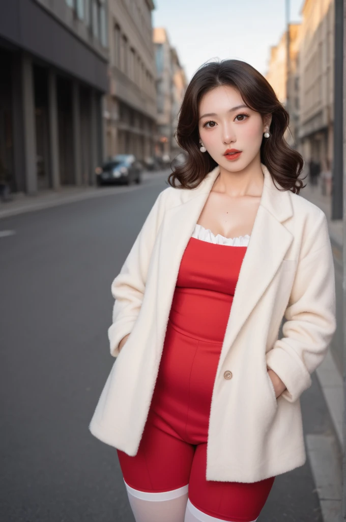 realistic,score_9, score_8_up, score_7_up, BREAK,
In this ultra-detailed CG wallpaper masterpiece, a mature female Kpop idol stands on a busy outdoor street, captured by a Nikon D750 with a f/1.4 55mm lens. Her dynamic angle and professional lighting, with photon mapping and radiosity, create an ultra-realistic effect. She gazes directly at the viewer, her blush accentuating her shiny, oil-like skin. Her face is highly detailed, with wavy blond hair and a sophisticated style, and she exudes aegyo sal, with puffy eyes, long eyelashes, parted lips, and red lipstick. Her wide shoulders and medium breasts are subtly revealed, and she wears animal ears, thigh-highs, and a silk coat inspired by Song Dynasty clothing. Her big ass is elegantly framed by her attire, completing her striking and mature presence.