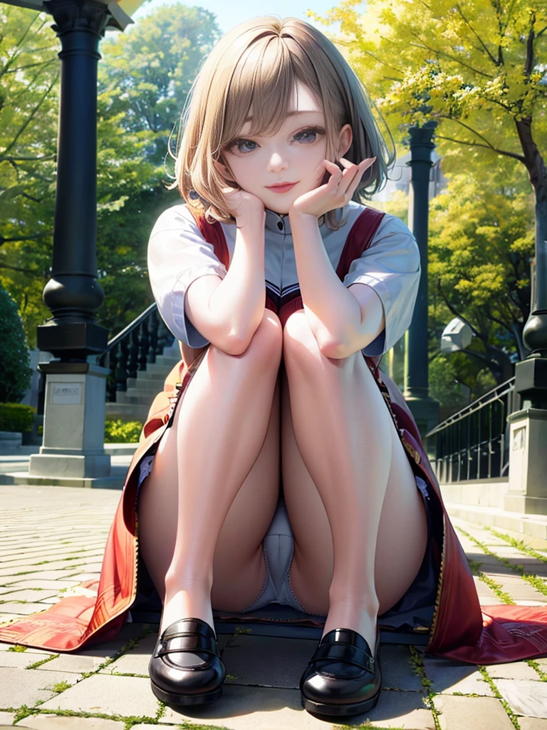 italian woman in alafe sitting on the ground with legs crossed, red lips,pretty face with arms and legs, Korean Girl, chiho, young and cute girl, the anime girl is crouching, Round thighs, Casual pose, Young Pretty Gravure Idol, 19-year-old girl, Sitting on the ground, Engaging pose, Young Gravure Idol, a cute young girl、white color panties、pantie shot,A slight smil、high-heels、