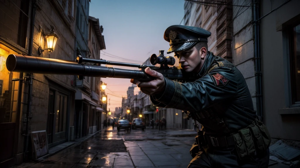 Sniper aiming at dictator with sniper rifle、From the roof of the building、night、Dramatic lighting、Cinematic composition、Very detailed、Photorealistic、8k、Chiaroscuro Lighting、Dramatic Shadows、strongな表情、strongな視線、strongな感情、Strong presence、Intimidating、Authoritative、commanding、political leader、uniform、Military insignia、Military hat、Military equipment、Military background、Military Settings、Dystopia、Cool coloroody、Cinematic、Rough、strong、Winning Hearts and Minds、Enchanting、alen4_kryukov、