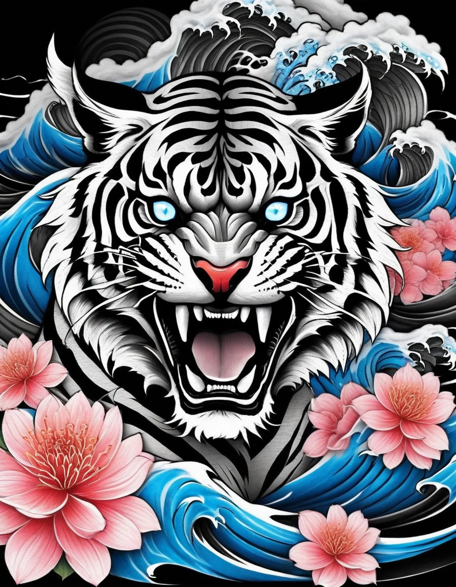 realistic tattoo art of Orange tiger with (((Blue eyes))) with pink sakura petal effect ,he is with open mouth looking very fierce and angry, the background is black and gray Japanese wave tattoo, (Unity 16K Wallpaper, masterpiece, Best Quality, high quality, Ultra-detailed, extremely details), a tattoo design, realistic tattoo art of Orange tiger with (((Blue eyes))) with pink sakura petal effect ,he is with open mouth looking very fierce and angry, the background is black and gray Japanese wave tattoo,
