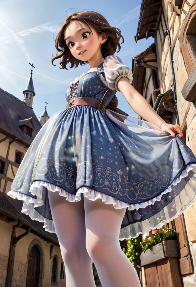 10 year old girl underwear, Realistic bloomers made from patterned cotton fabric, Medieval one-piece dress with panniers, Fabric Realism, Low - Angle, I see bloomers, Pull up the dress by hand, Strong winds, Translucent slip, Translucent slip, tights, Highest quality, Crotch close-up, whole body
