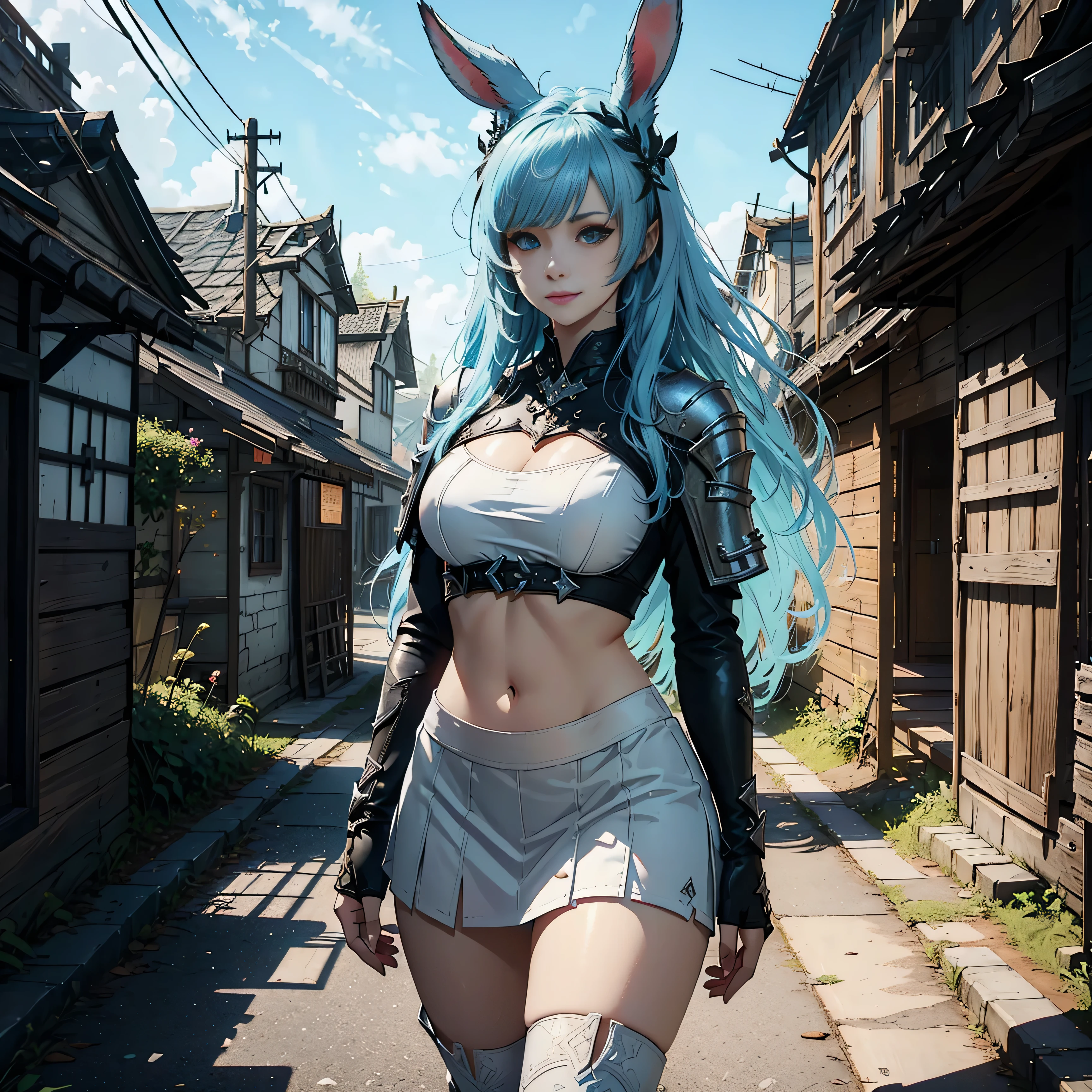 1girl, (solo), FFXIV_Viera, long hair, light blue hair, rabbit ears, blue eyes, smile, arrogant, small lips, big breasts, big tall, white crop top, deep neckline, white skirt, black boots, white skin, vagina view, walking, medieval japanese village, (days), (very sexy body, detailed face, detailed eyes, masterpiece, highly detailed, 8k, best quality, vibrant colors, digital art, concept art)