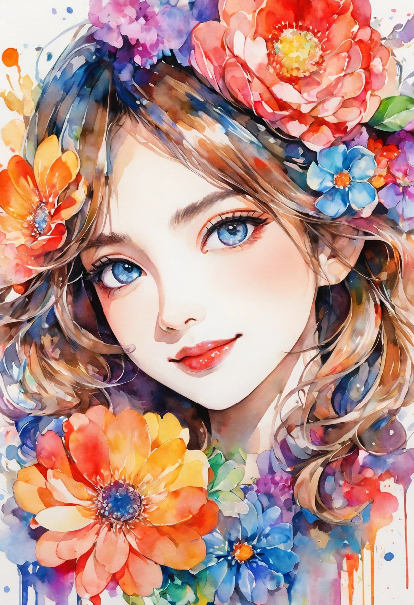 beautiful woman portrait, cute smile, Sylvia Pelissero watercolors, colorful flowers, beautiful eyes, upper body, abstract art, intense watercolor, watercolor detailed art, watercolor splash, surreal, avant-garde pop art, Beautiful and expressive paintings, Beautiful artwork illustration, very colorful tones, wonderful, cool beauty, highest quality, official art, women only, sharp outline, best shot, vector art, lips in love、 (((The strongest beautiful women of all time))), (((Japanese)))、clear, (((highest quality))), lips in love, HDR, ((Detailed details)), stylish fashion, detailed clothing texture, (((graffiti art))), colorful hair, ((masterpiece))、((Super detailed))
