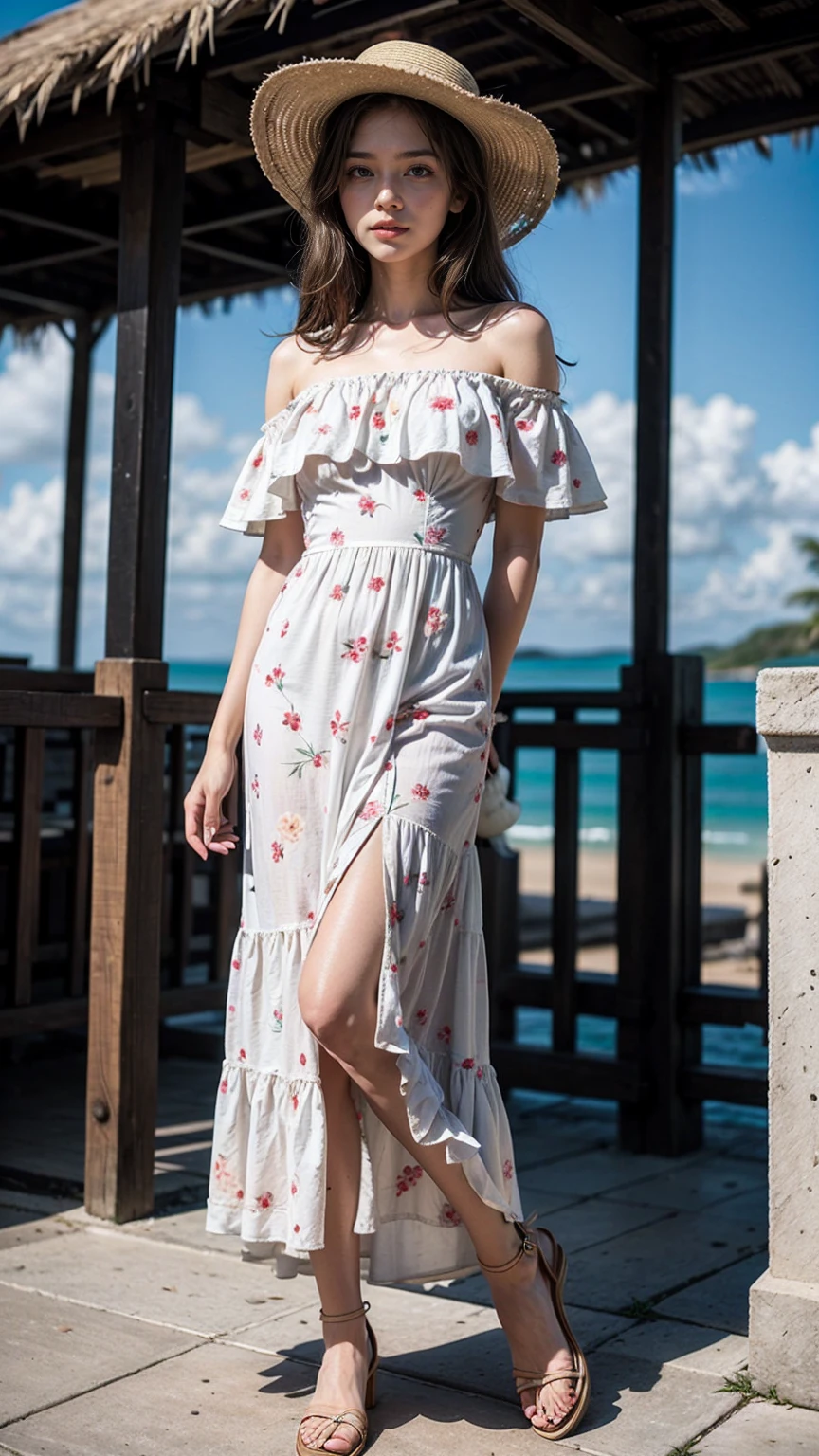 She is wearing a vibrant and summery off-the-shoulder maxi dress with a tropical floral print. The dress features a fitted bodice with elasticized smocking for a comfortable fit, and a flowing, tiered skirt that adds movement and grace. The bright colors and bold patterns make it perfect for a beach vacation or a casual outdoor gathering. Paired with strappy sandals and a wide-brimmed hat, this outfit exudes a carefree and stylish vibe, perfect for enjoying sunny days in style.