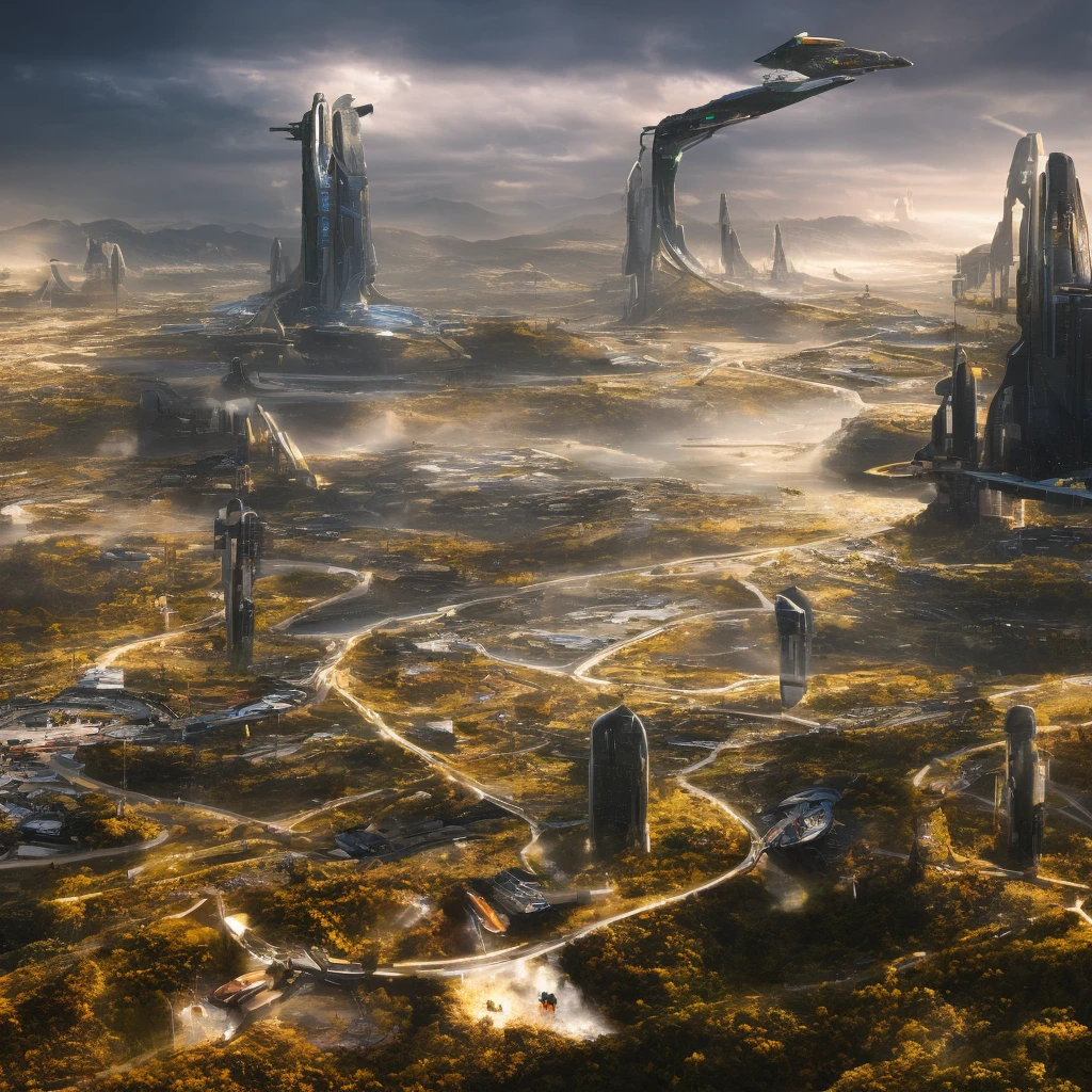 landscape of a futuristic Science Fiction City, Science Fiction, Surreal, high resolution, City