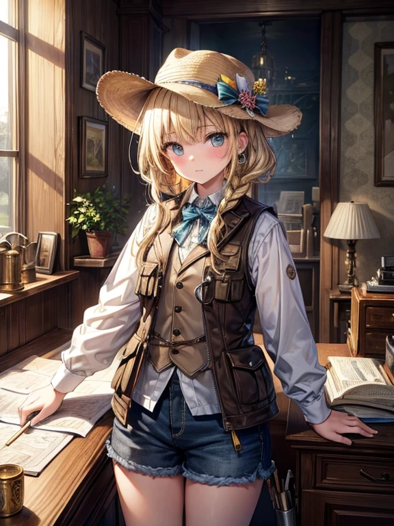 masterpiece, Highest quality, Very detailed, 16K, Ultra-high resolution, Cowboy Shot,  girl, Detailed face, Perfect Fingers, Golden Eyes, blonde, Braiding, A vest with lots of pockets, Shorts, Explorer knife, Safari Hat, azimuth magnetic needle, telescope, map, A room with lots of cluttered items, Organization tools