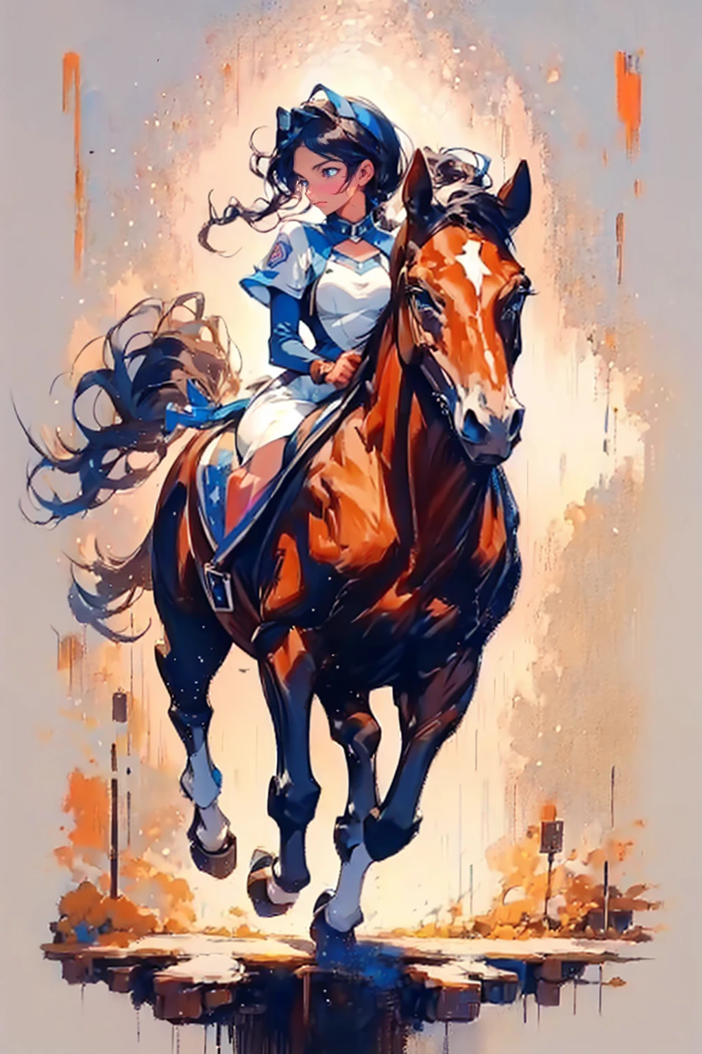 1girl and 1horse,cute,bigbreast,cleavage,she is jockey,ride on horse,full body,horse is running