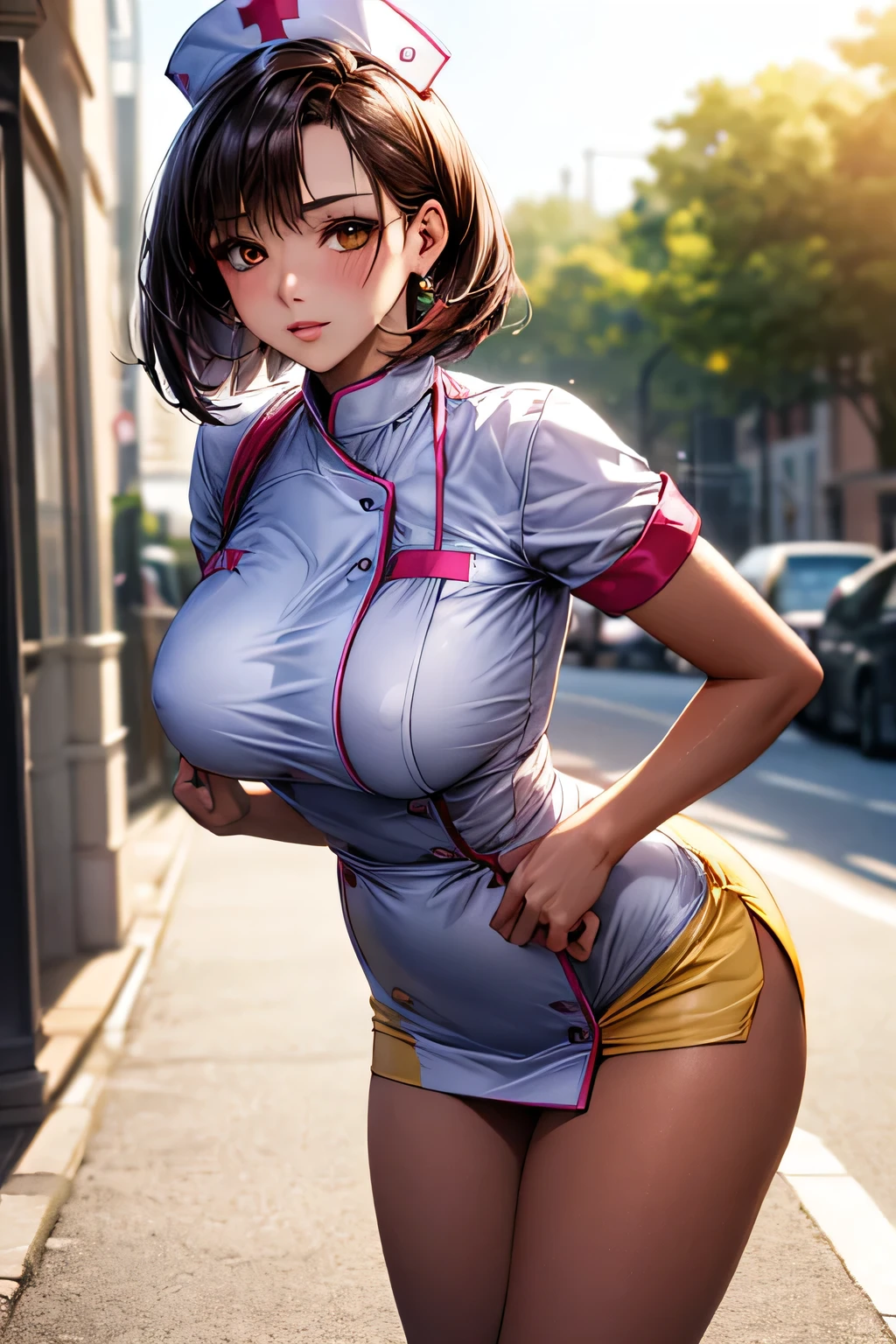 (1girl), (), (Sexy shiny nurse top and tight mini skirt), (Only the delta part of yellow panties is visible from under the mini skirt), masterpiece, Brunette Bob, (Large Breasts), (Sexy pose), (very tanned and shiny skin),  photoRealistic, Realistic, alone, photoRealistic, Highest quality, Ultra-high resolution, Yura S, Outdoor, colorful, Lips parted, Daytime setting, beautiful, (masterpiece, Highest quality, Very detailed顔, Perfect lighting, Ultra-high resolution, Very detailed) 