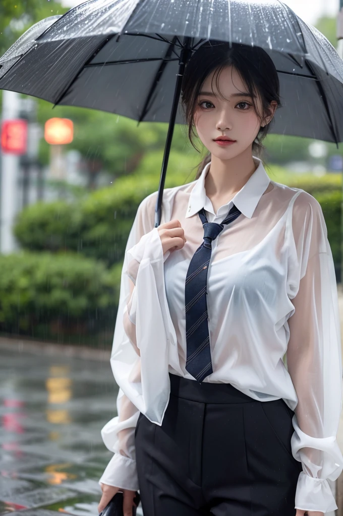 No umbrella、typhoon、Get wet without an umbrella、Beautiful woman in the rain、雨で濡れたBeautyOL、Detailed face、Realistic、beautiful girl、Beauty、Office Lady Uniform、beauty、Beautiful woman、Narrow waist、Handsome woman、Tight pants look、suit、Sexy pose、タイトなsuitパンツ、雨で濡れたsuit、Wet shirt、See-through shirt、Shot in heavy rain、See-through underwear