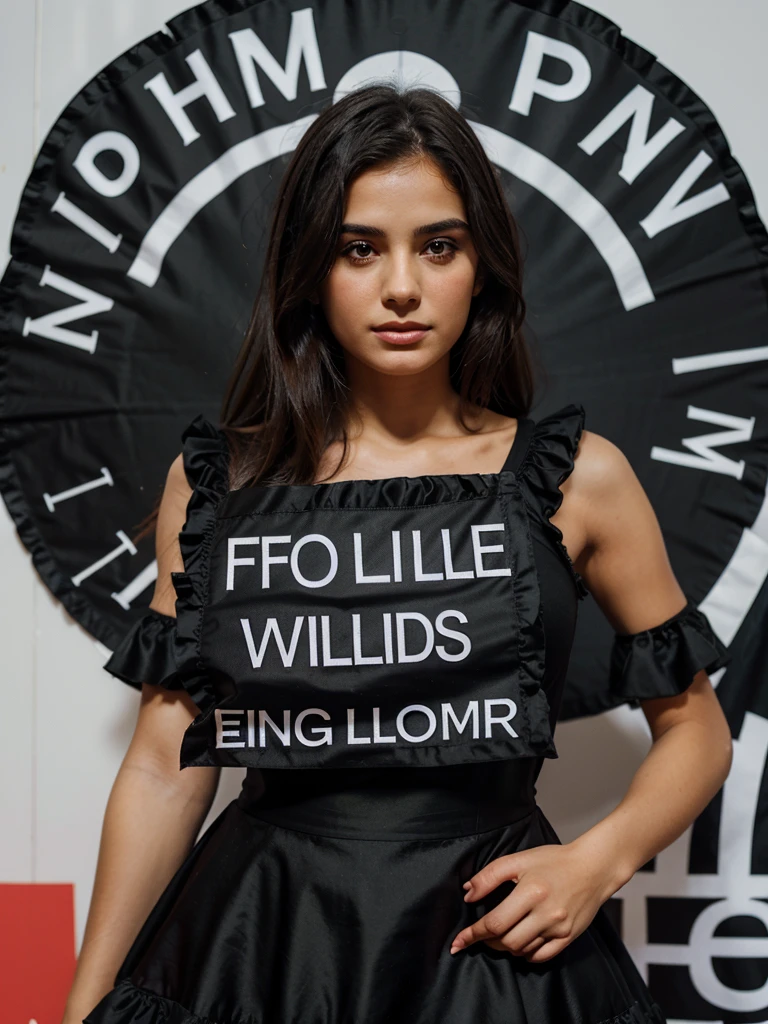 Hot girl in black ruffle dress holding a small banner written four thousand followers in english