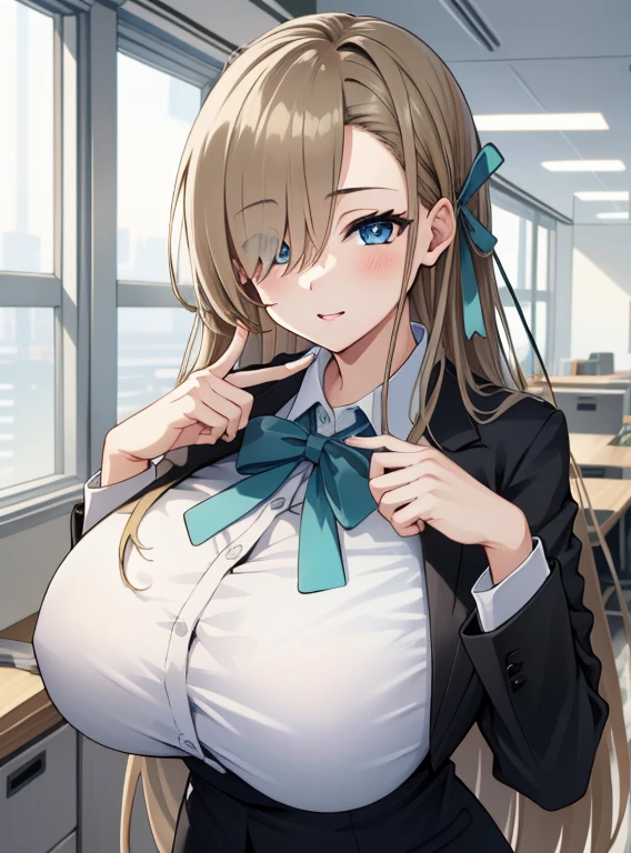 (highres), (absurdres), (best quality), (high quality), (masterpiece), 1girl, asuna, blue eyes, long hair, halo, hair over one eye, very long hair, light brown hair, (large breasts, gigantic breasts), formal office suit, pray hands sign, looking at viewer, 8K HD RTX, exquisite finger details,