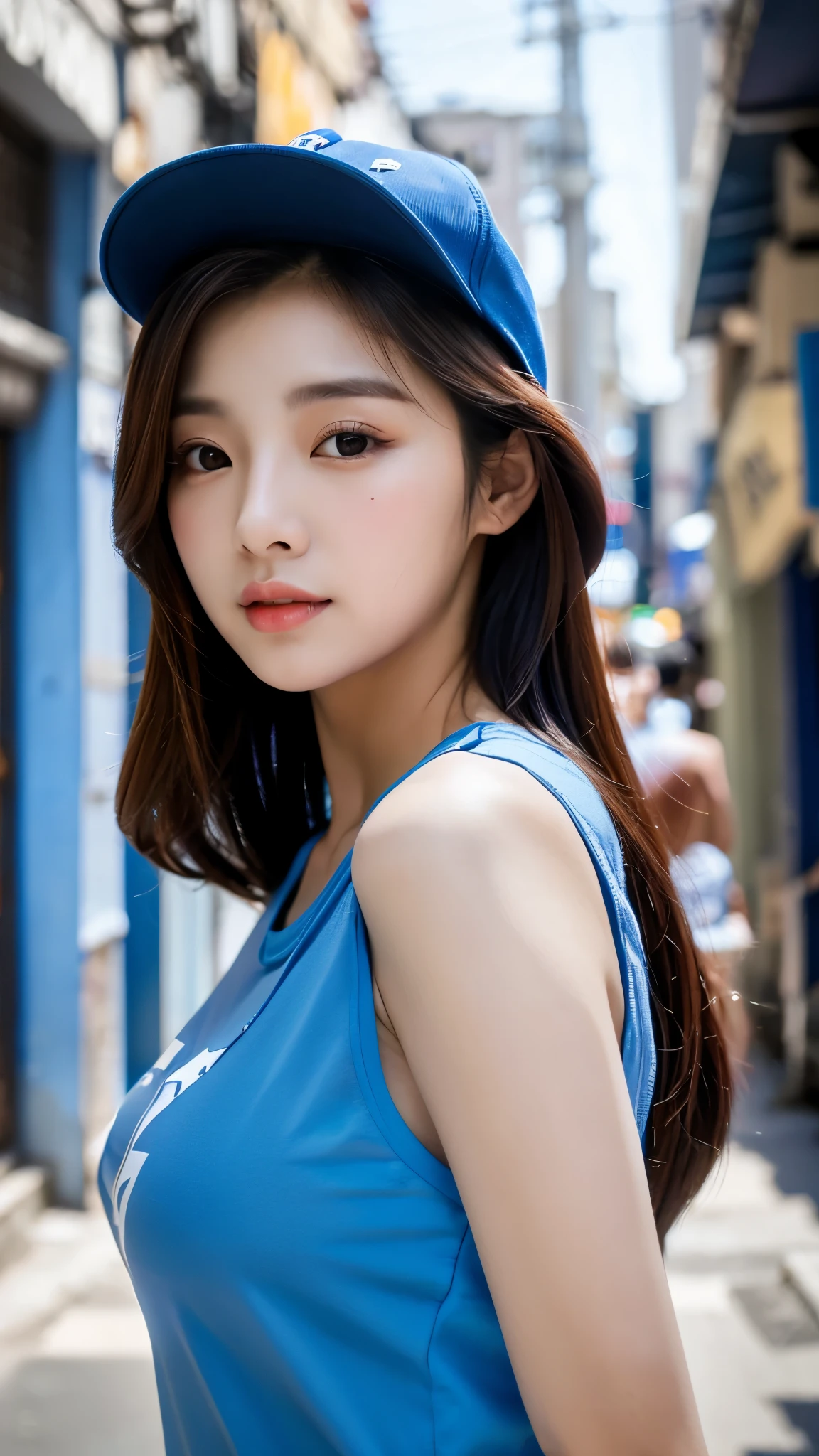 close-up of beautiful korean female, 34 inch breasts size, wearing blue t-shirt, cap, in the alleyway, bokeh background, cinematic scene, UHD