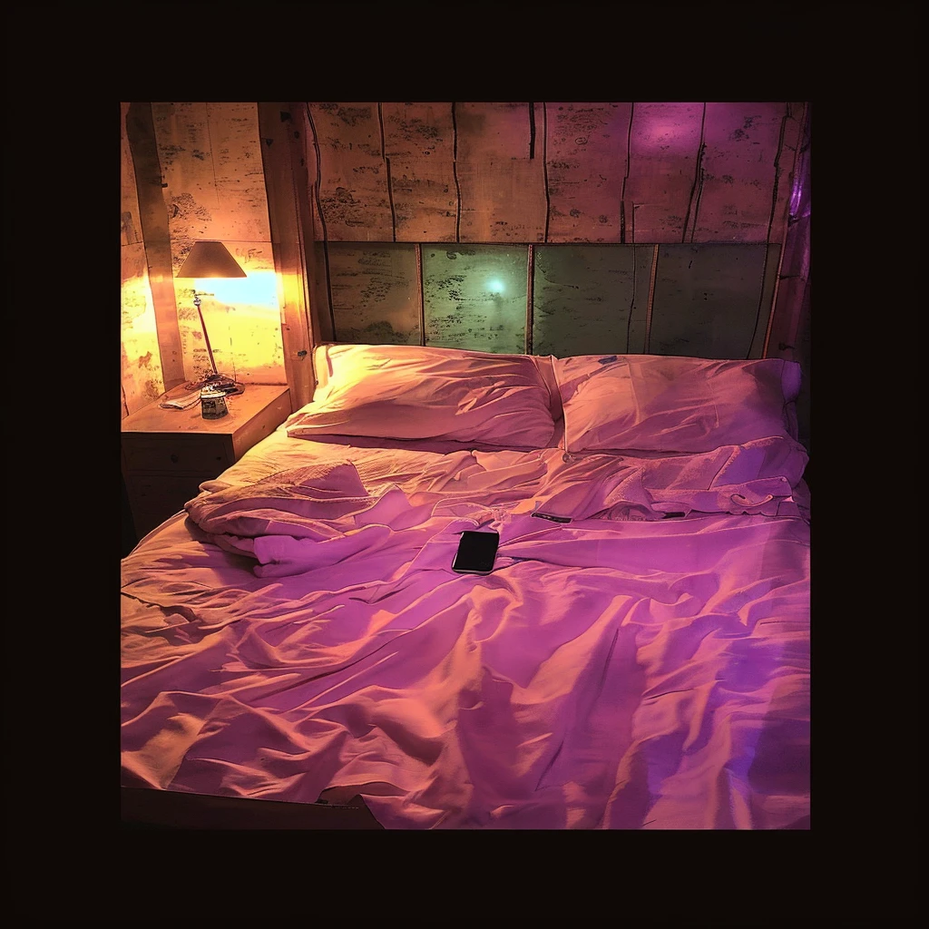 there is a bed with a white sheet and a phone on it, cyberpunk bedroom at night, dimly lit bedroom, dim bedroom, cozy bed, messy bed, 3am, 3 am, bed, in a bedroom, dark bedroom, purple ambient light, ghostly teenager bedroom, room with eerie feeling, cyberpunk teenager bedroom, good night, purple leather dungeon bedroom