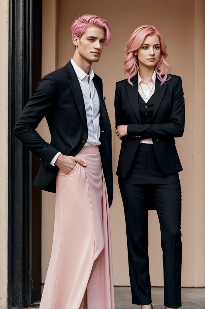 Girl with pink hair in a high skirt and blouse and a blazer and a tall handsome boy with blonde hair in a black suit