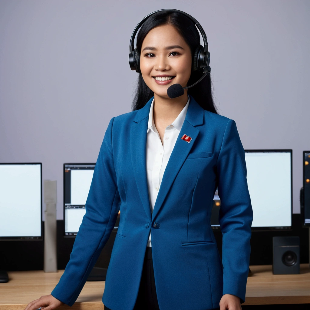 Photography image of an Indonesian female customer service person wearing a black wireless mic, wearing a blue long jacket. Radiant face, smile, charismatic. Background view in a spacious studio, several monitor screens. Realistic, ultra hd 24k, stand full body view.