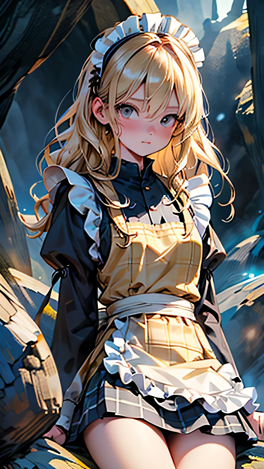 (Surreal), (picture), (High resolution), (In 8K), (Very detailed), (Best Illustration Photos), (Beautiful and fine details), (Highest quality), (Ultra-detailed), (masterpiece), (wallpaper), (Detailed face), solo, One Girl, Blonde Wavy Hair, Korean Beauty,Black Eyes, ((A loose-fitting blue and yellow checked maid outfit)), Long legs, Toned Abs, stockings、((In a dark cave))、(Pause_random)、(Face close-up)