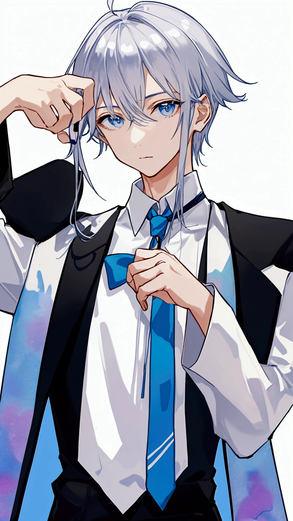 male cool成人male性二人。派手なSilver Hair、watercolor、右側のmaleの目は赤、左側のmaleの目は紫、Silver Hair、There are meshes of various colors in the hair.、holding a wine glass、Wearing a host's suit。cool。delicate。short hair、The nape is long。The color of the nape is red、More clearly。Her hair is short、Same height。Only two people、どちらもmale性。どっちもmale性