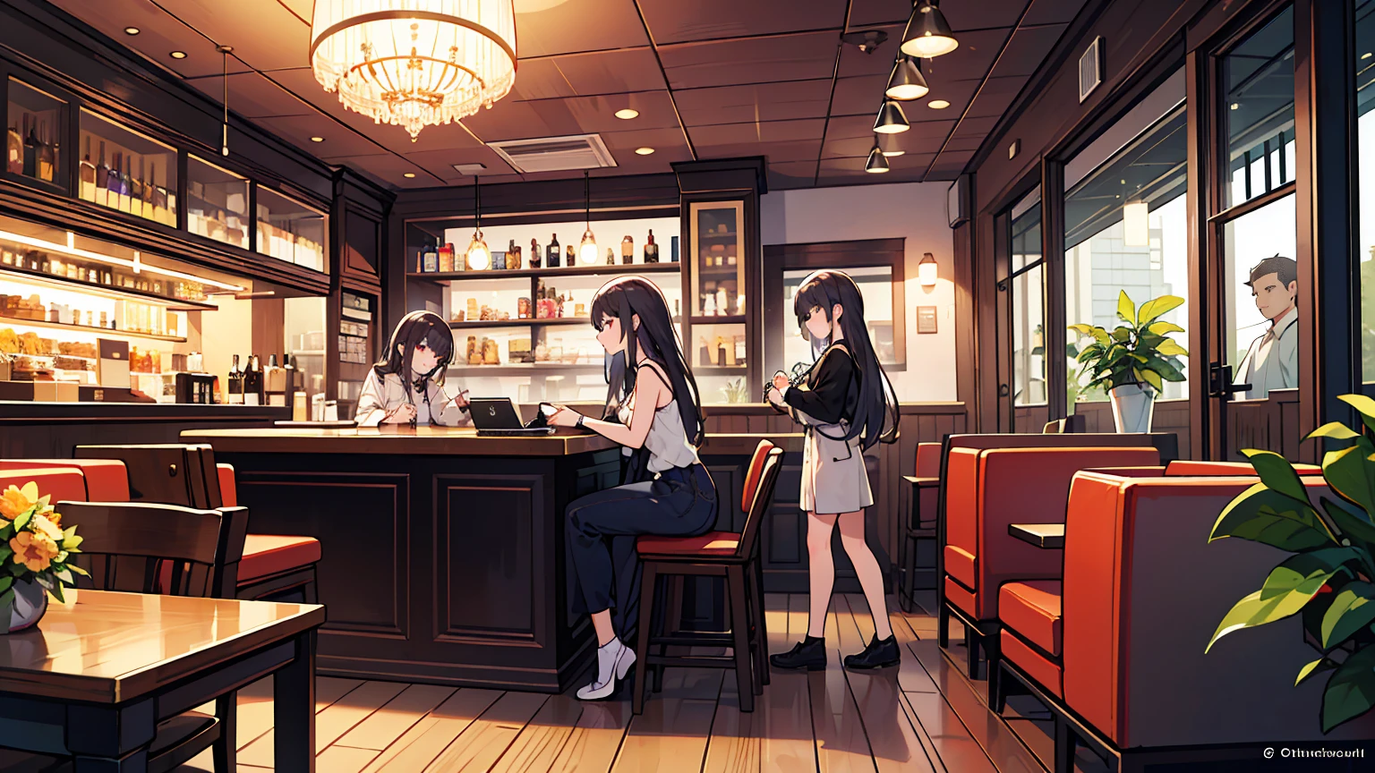(masterpiece, best quality),Two women with different faces and hairstyles, different hair colors, different faces, long hair, letterboxed, perfection of fashion,chapped lips, casual attire, whole body, from the side,At a cafe with a night view of Paris outside the floor-to-ceiling window, study at the table, My eyes are focused on the notes,laptop, together, stylish outfit,