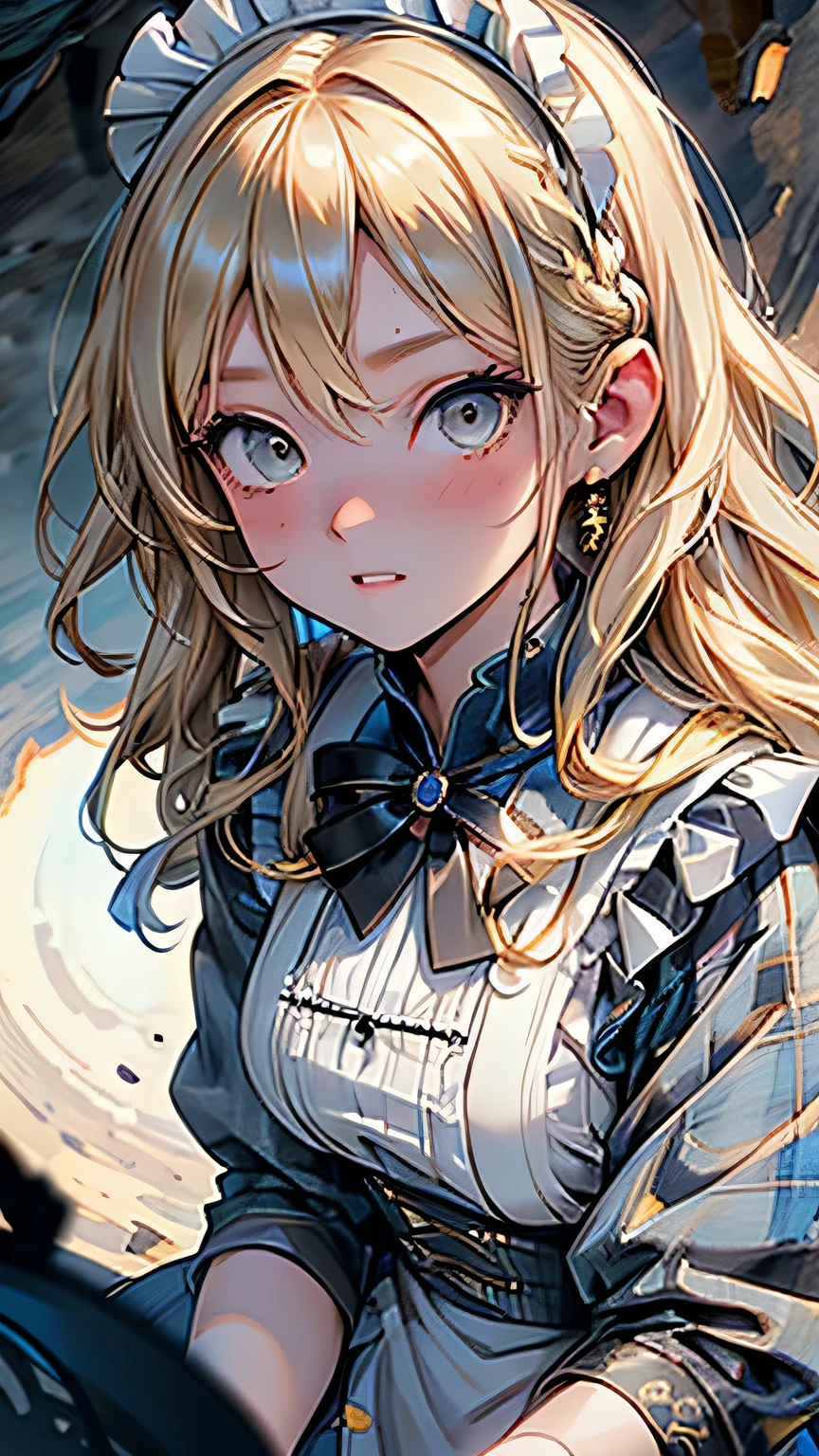 (Surreal), (picture), (High resolution), (In 8K), (Very detailed), (Best Illustration Photos), (Beautiful and fine details), (Highest quality), (Ultra-detailed), (masterpiece), (wallpaper), (Detailed face), solo, One Girl, Blonde Wavy Hair, Korean Beauty,Black Eyes, ((A loose-fitting blue and yellow checked maid outfit)), Long legs, Toned Abs, stockings、((In a dark cave))、(Pause_random)、(Face close-up)