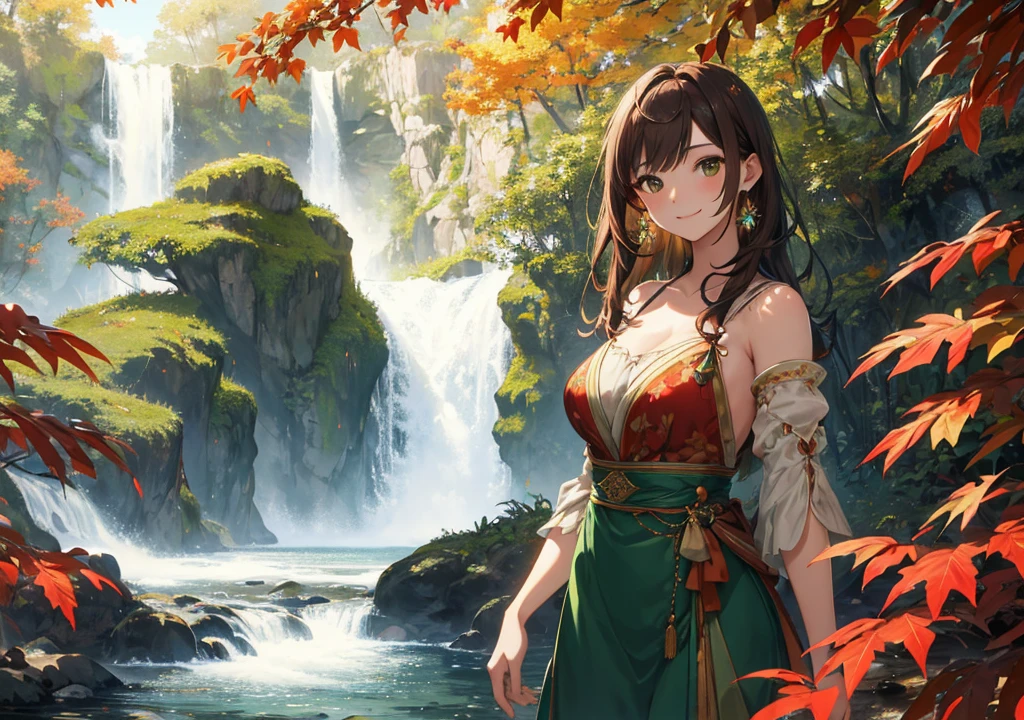 Realistic photos, Focus distance 10mm, Red and white, A big smile, Beautiful girl, Realistic photos, Focus distance 10mmで撮影, masterpiece, 最high quality, high quality, Very detailed CG 8k wallpaper unit, Award-winning photography, Depth of written boundary, High resolution, bloom, chromatic aberration, Realistic, Very detailed, Art Station Trends, CGsociety Trends, Complex, High detail, dramatic, Art on the go, volumetric lighting, A stunning girl with brown hair, in a glittering green dress with nature motifs, inspired by Disney's Pocahontas, standing by a waterfall surrounded by autumn leaves
