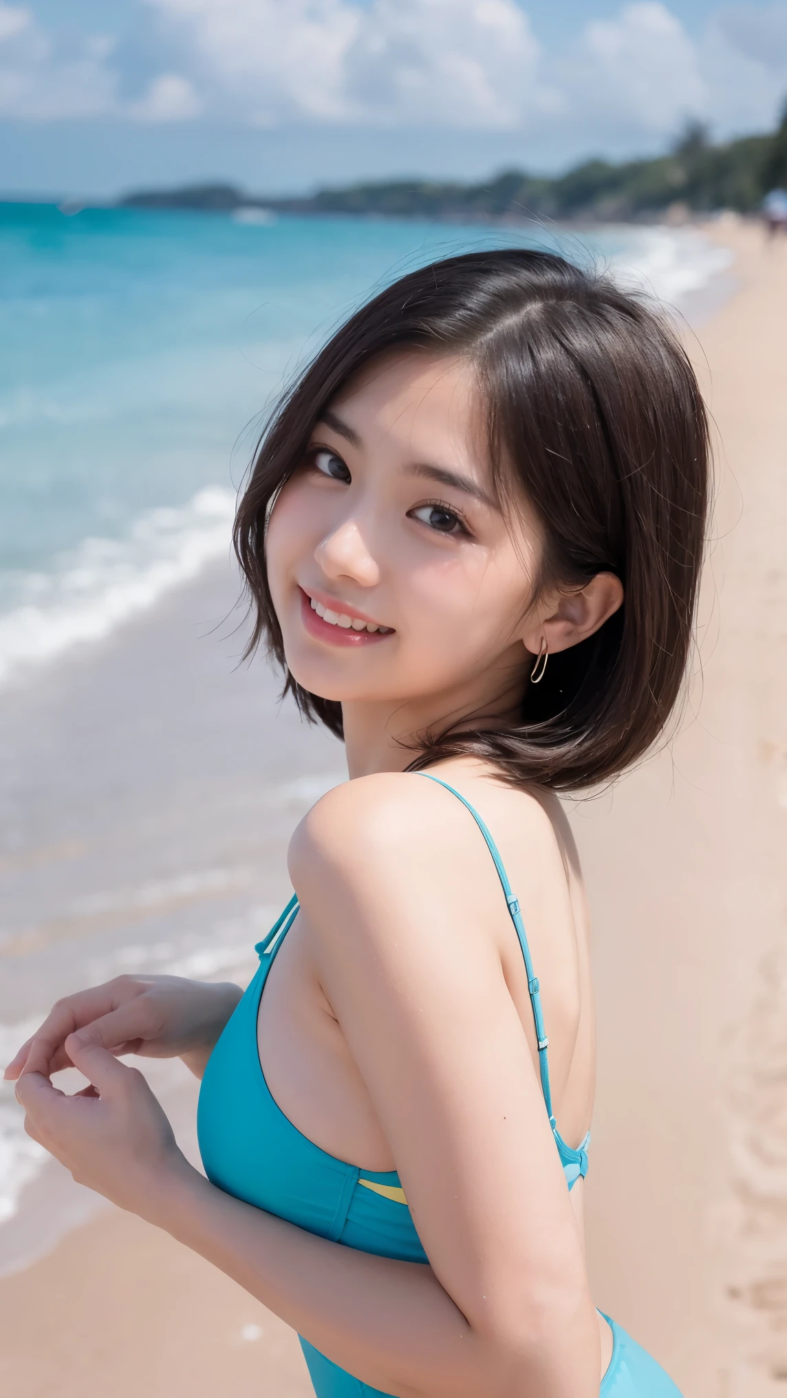 (((8k、High resolution、Highest quality、High resolution)))alone、masterpiece, ultra detailed, absurdres, factory, waving at the camera, on the beach, happy, looking back, blunt cut, bob, silver hair, aqua eyes, droopy eyes, wide-eyed, tan lines, swimsuit, beauty mark, cute face, japanese idol, Joyful Scene