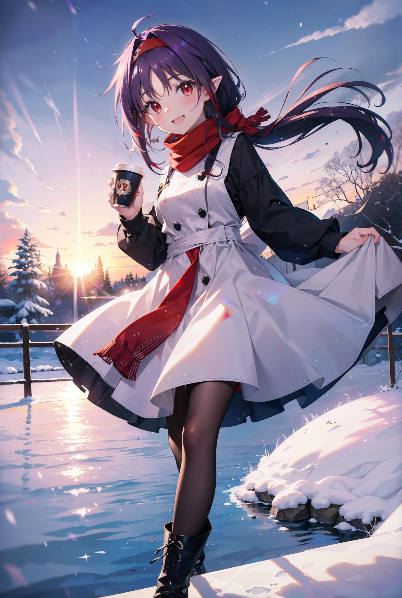 yuukikonno, Konno Yuuki, Long Hair, Pointed Ears, Purple Hair, (Red eyes:1.5), (Small breasts:1.2), Open your mouth,happy smile, smile, Open your mouth,hair band,low twin tail,Red Scarf,Oversized purple sweater,Black pantyhose,Long skirt,short boots,Holding a paper cup of coffee in both hands,Walking,snowが降っている,snowが降り積もっている,snow,snow,snow,snow,snowが積もった木,winter,Cold Sky,night,whole bodyがイラストに入るように,
break looking at viewer, whole body,
break outdoors, garden,
break (masterpiece:1.2), Highest quality, High resolution, unity 8k wallpaper, (figure:0.8), (Beautiful attention to detail:1.6), Highly detailed face, Perfect lighting, Highly detailed CG, (Perfect hands, Perfect Anatomy),
