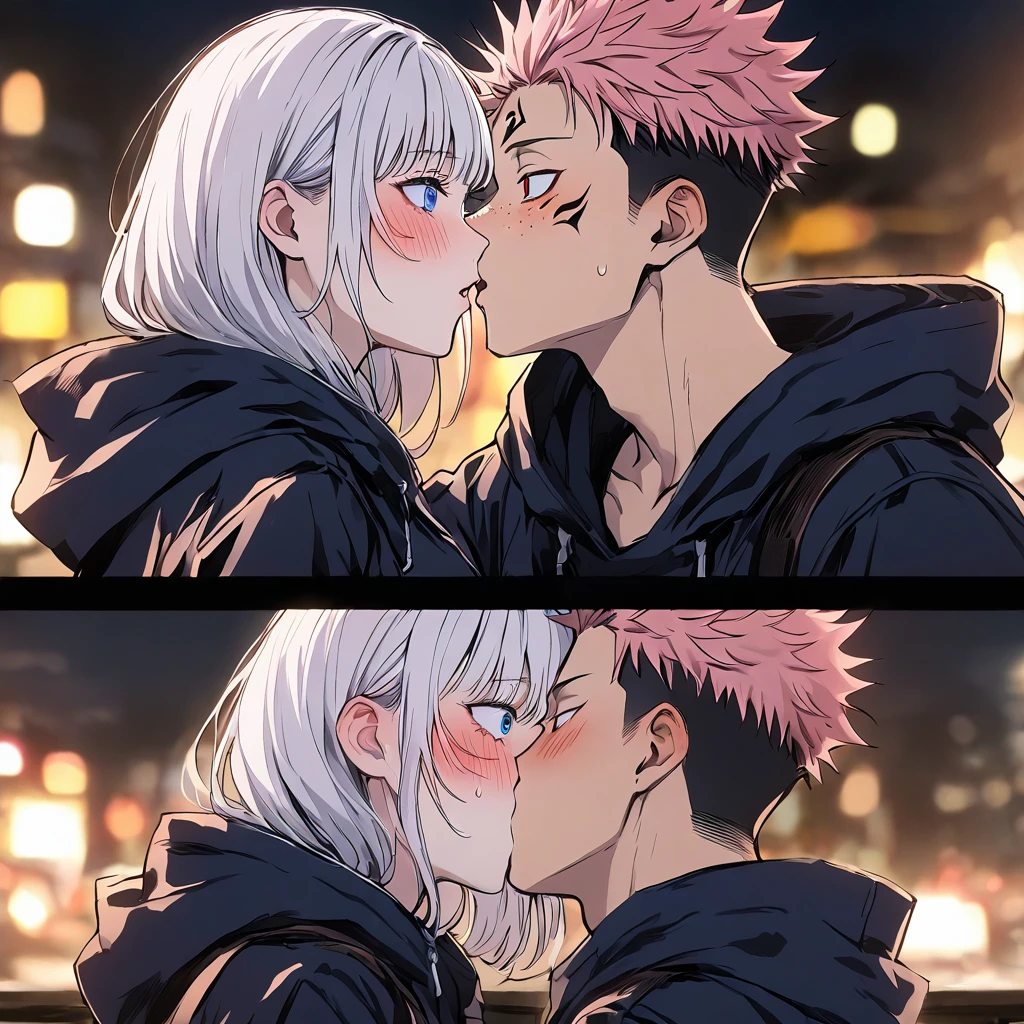 (1girl, White hair, blue eyes), (1boy, pink_hair, blush, undercut, hetero, red_eyes, tattoo), long_hair, itadori_yuuji, spiked_hair, hood, short_hair, ryoumen_sukuna_(jujutsu_kaisen), night, facial_tattoo, hoodie, upper_body, jacket, extra_eyes, hood_down, black_jacket, imminent_kiss, kiss, looking_at_another, facial_mark, freckles, sweatdrop, bangs, multicolored_hair, blue_eyes, clothes_grab, surprised