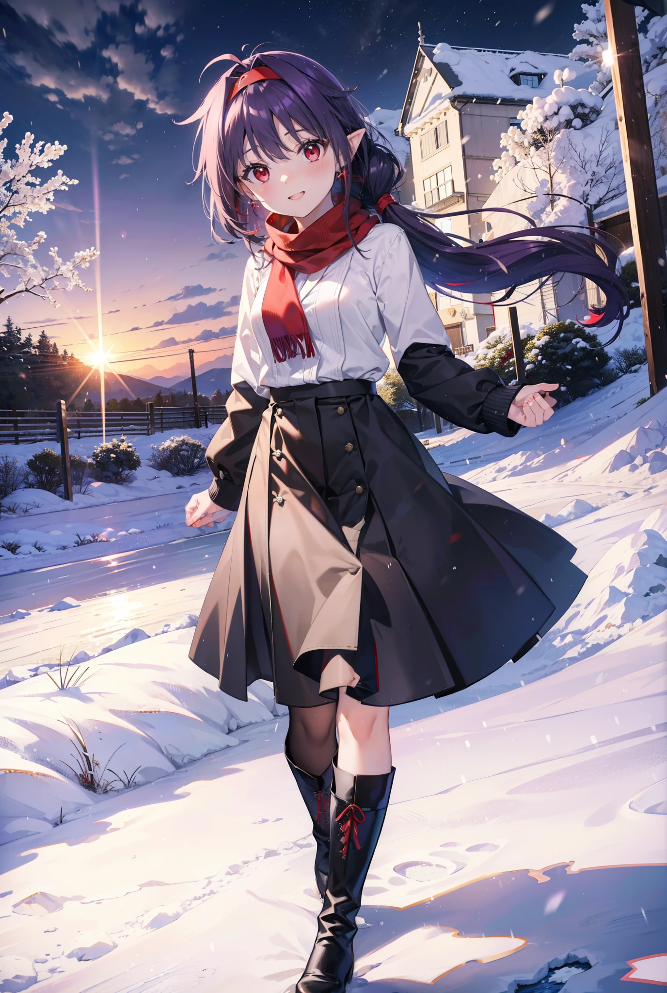 yuukikonno, Konno Yuuki, Long Hair, Pointed Ears, Purple Hair, (Red eyes:1.5), (Small breasts:1.2), Open your mouth,happy smile, smile, Open your mouth,hair band,low twin tail,Red Scarf,Oversized purple sweater,Black pantyhose,Long skirt,short boots,Holding a paper cup of coffee in both hands,Walking,snowが降っている,snowが降り積もっている,snow,snow,snow,snow,snowが積もった木,winter,Cold Sky,night,whole bodyがイラストに入るように,
break looking at viewer,  whole body,
break outdoors, garden,
break (masterpiece:1.2), Highest quality, High resolution, unity 8k wallpaper, (figure:0.8), (Beautiful attention to detail:1.6), Highly detailed face, Perfect lighting, Highly detailed CG, (Perfect hands, Perfect Anatomy),