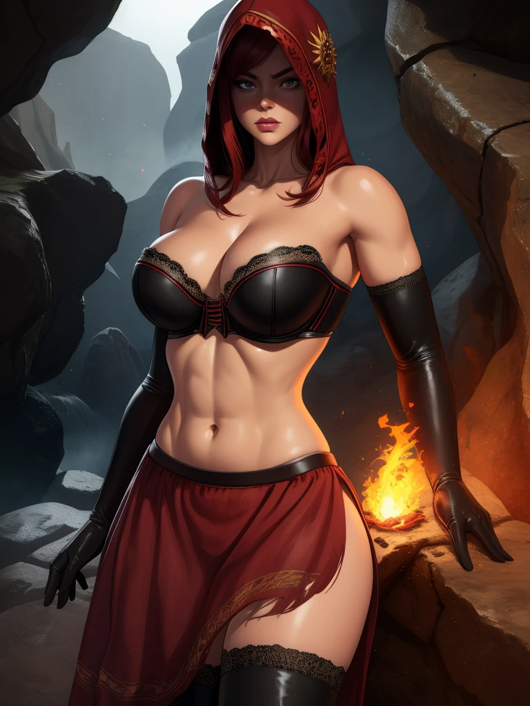 Dsorceress, redhair, shadowy face,dark cave, fire, hood, shadowed face, strapless bra, slim and athletic body, miniskirt, no panty, elbow gloves, dark skin, 1 girl (insanely detailed, masterpiece, best quality)