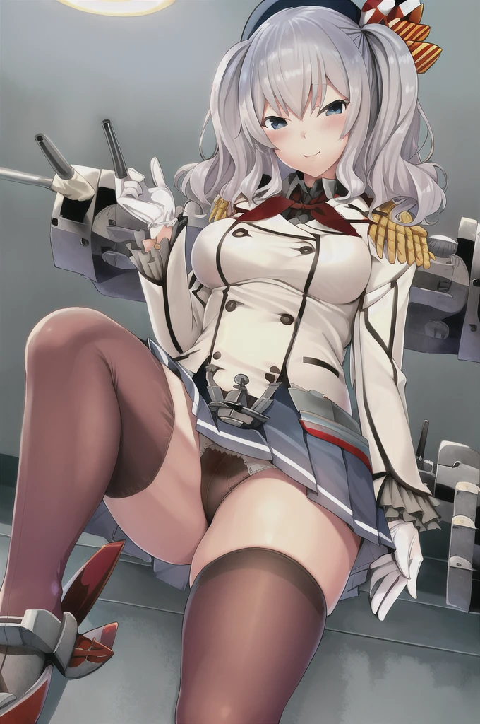 highest quality, masterpiece, High resolution, alone, 1 girl, show panties, KashimaOG, kashima \(kancolle\), beret, epaulettes, red neckerchief, frilled sleeves, long sleeves, military uniform, (white gloves) miniskirt, pleated skirt, anchor,