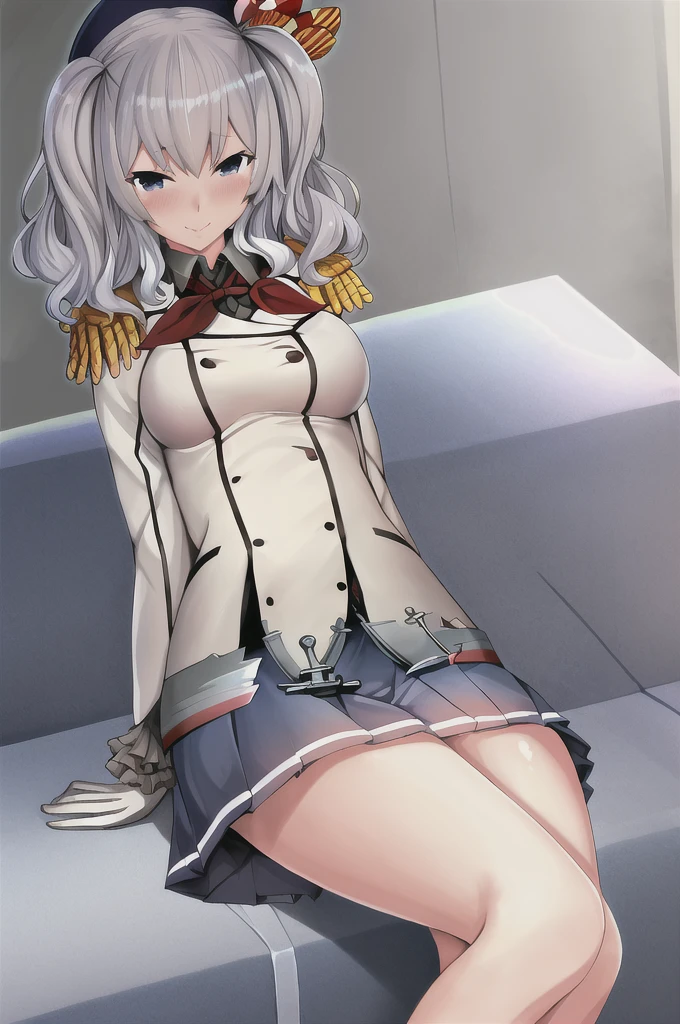 highest quality, masterpiece, High resolution, alone,  1 girl, show panties, KashimaOG, kashima \(kancolle\), beret, epaulettes, red neckerchief, frilled sleeves, long sleeves, military uniform, (white gloves) miniskirt, pleated skirt, anchor,