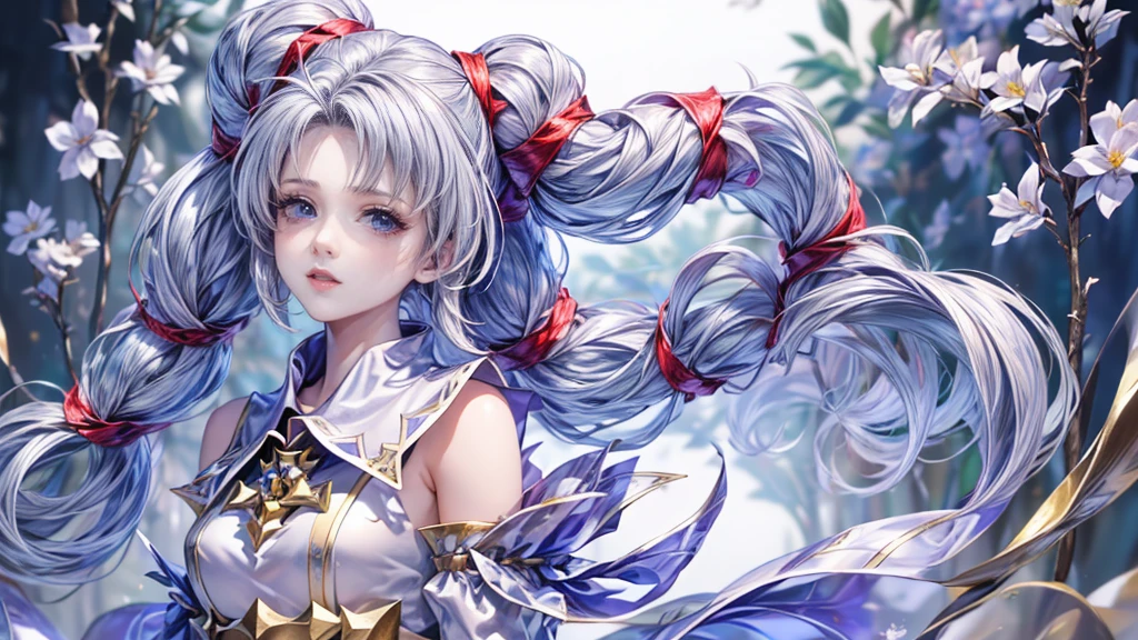 (8k, 最high quality, masterpiece: 1.2), Long walking stick,White robe,beautiful girl,Moonlit Night,sexy,Glamour,Purple eyes,sacred,Dynamic pose,One Girl,Flower Field,Lakeside(the best品質を最高に8k, CG, Beautiful and exquisite upper body, Floral forest background, Complex facial features, Almond Eyes, Exquisite eye makeup, Long eyelashes fluttering, Blinking big eyes, (masterpiece, 最high quality, the best, Official Art, Beautiful and beautiful, Long-term exposure: 1.2), Smooth movement, Attractive patterns, 1 Girl, (Long sleeve dress: 1.3), (((White clothes) )), Delicate face,Lavender colored hair,Wavy Hair, Gradient Hair,Long Hair, Bare shoulders, ,Detailed Background, Delicate face,, Dynamic pose, Suspended particles, Ethereal atmosphere,gem,One Girl,goddess，Delicate and beautiful face,Flowing，Perfect balance, Detailed clothing details,Cinema Lighting, Film Grain, Fujicolor, masterpiece, Textured skin, Very detailed, High detail, high quality, High resolution,