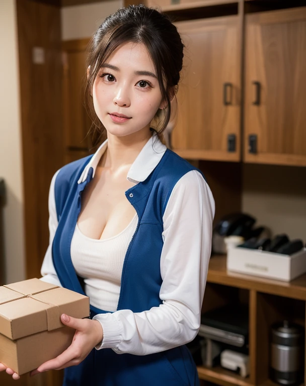 Top image quality、超A high resolution、masutepiece、Photoquality(photographrealistic:1.8)、pores、accuracy、realistic skin textures、（Fine hands）、（Skinny Legs）、Japan women、17 age、Point your body at the camera、Frontal、Black-haired、Her hair is tied back of her head.、Chignon、Girl with a cute smile、Slender girl、ample breasts、Wear white work coveralls、The front opening is a button、((Unbutton the)(The chest is visible))、long trousers、tits out、I opened my chest、The chest is visible、Wearing work gloves、mechanic、Holding an impact wrench in your hand、Soot on the face、Tire change、Shine a light into the eyes、open open mouth、laughing out loud、