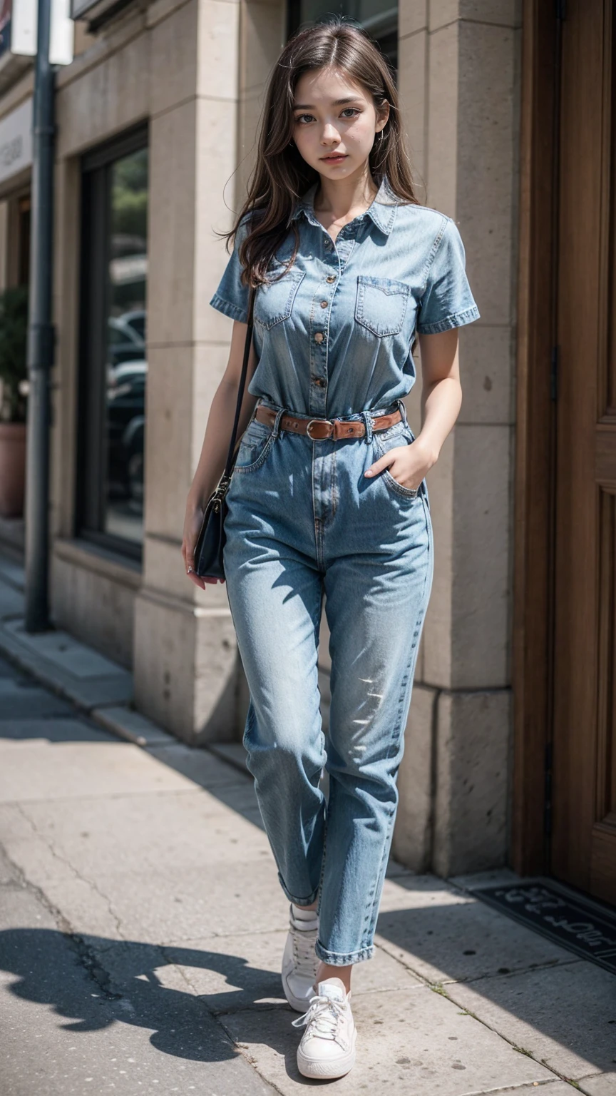 She is wearing a chic and casual denim jumpsuit with a front button closure and a tie waist belt. The jumpsuit features short sleeves, a collar, and a slightly tapered leg that ends just above the ankles. The light wash denim gives it a relaxed and effortless look, perfect for a day out shopping or brunch with friends. Paired with white sneakers and a crossbody bag, this ensemble combines comfort and style, making it a versatile addition to any wardrobe.