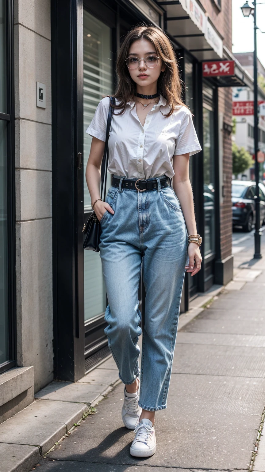 She is wearing a chic and casual denim jumpsuit with a front button closure and a tie waist belt. The jumpsuit features short sleeves, a collar, and a slightly tapered leg that ends just above the ankles. The light wash denim gives it a relaxed and effortless look, perfect for a day out shopping or brunch with friends. Paired with white sneakers and a crossbody bag, this ensemble combines comfort and style, making it a versatile addition to any wardrobe.