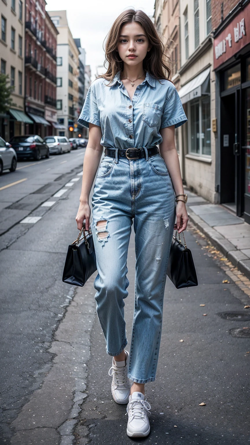 She is wearing a chic and casual denim jumpsuit with a front button closure and a tie waist belt. The jumpsuit features short sleeves, a collar, and a slightly tapered leg that ends just above the ankles. The light wash denim gives it a relaxed and effortless look, perfect for a day out shopping or brunch with friends. Paired with white sneakers and a crossbody bag, this ensemble combines comfort and style, making it a versatile addition to any wardrobe.