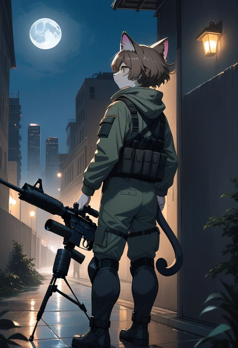 ((Masterpiece)), ((Best Quality)), (Very Detailed), ((Very Detailed)), 4K, (8K), very aesthetic, absurdres highres, 1 girl, (anthropomorphic cat, furry, kemono:1.8), A sniper wearing dark camouflage uniform is lying face down on the roof of a building, holding a rifle. His eyes are focused on the target through the scope. The rifle is equipped with a suppressor and is silently taking aim.The night cityscape unfolds, light spilling through the windows of buildings and dotted with street lamps.The moonlight illuminates the outlines of the buildings, making it a quiet night. You can see the headlights of cars in the distance, and you can feel the hustle and bustle of the city.The main color is dark, and the moonlight illuminates the sniper and some of the buildings.Overall The cold colors are emphasized, creating a sense of tension.The moonlight shines on the sniper's face, revealing a sharp expression.The sniper's concentration and tension are emphasized, and the sense of crisis hidden in the silence is felt. I feel so tense that I can almost hear his breathing and heartbeat.