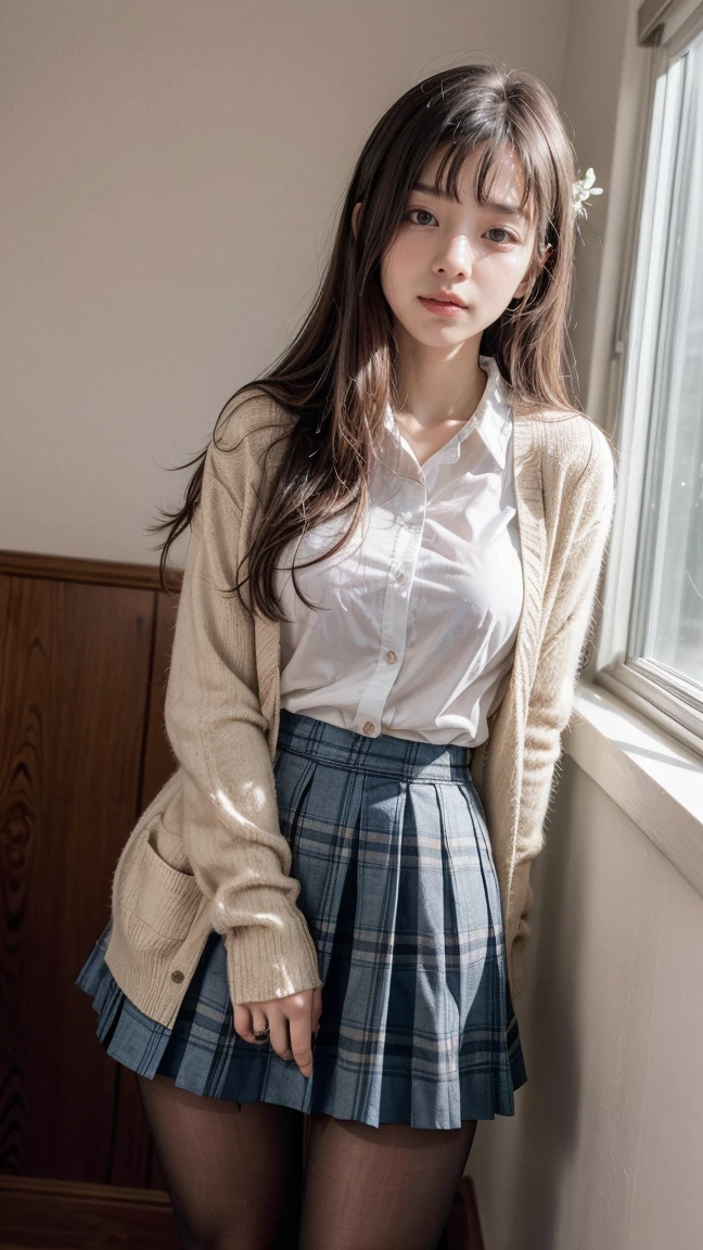 (((8k、High resolution、Highest quality、High resolution)))alone、Natural body shape、White skin、Natural Makeup、((Black Hair、bangs、Straight Long Hair))、(((((skirt lift)))))、、(:1.4)、((Detailed Panty Pattern、Panty Focus))、(((((Full body photo)))))、(((Looking into the camera)))、(((Wear a uniform on the upper body)))、Bedroom、(((Of high school))) 、((white collared long sleeve blouse))、((Beige cardigan))、((Pleated skirt with dark blue plaid pattern、mini skirt、Ultra-realistic pantyhose))、、、((Exposing thighs))