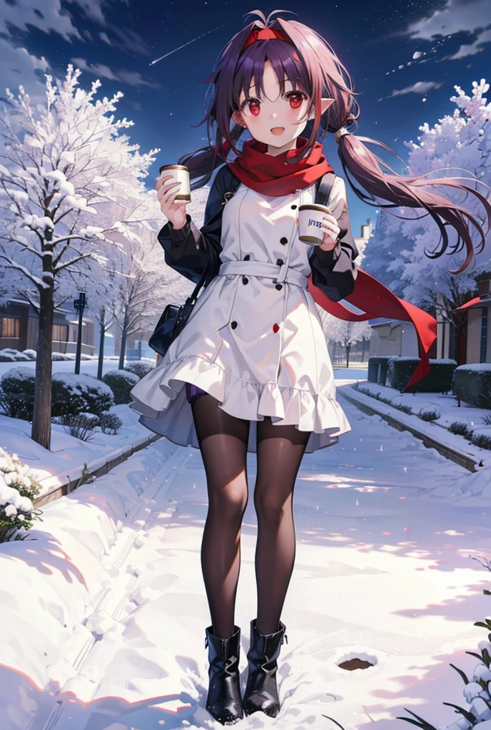 yuukikonno, Konno Yuuki, Long Hair, Pointed Ears, Purple Hair, (Red eyes:1.5), (Small breasts:1.2), Open your mouth,happy smile, smile, Open your mouth,hair band,low twin tail,Red Scarf,Oversized purple sweater,Black pantyhose,Long skirt,short boots,Holding a paper cup of coffee in both hands,Walking,snowが降っている,snowが降り積もっている,snow,snow,snow,snow,snowが積もった木,winter,Cold Sky,night,whole bodyがイラストに入るように,
break looking at viewer,  whole body,
break outdoors, garden,
break (masterpiece:1.2), Highest quality, High resolution, unity 8k wallpaper, (figure:0.8), (Beautiful attention to detail:1.6), Highly detailed face, Perfect lighting, Highly detailed CG, (Perfect hands, Perfect Anatomy),