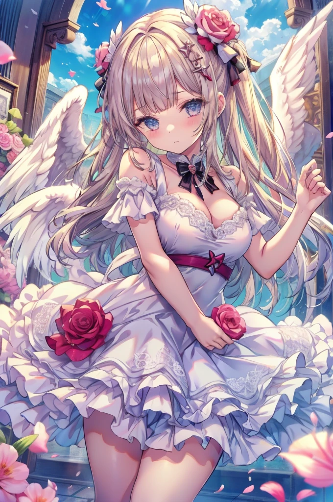 girl,(Angle from above),June bride style outfit,clothes with lots of frills,(sitting cross-legged),close up of face,((high resolution)),smile,(lace pattern),(Flower background:1.3),(white and pink and blue and yellow and green and orange),(NSFW:1.3),((Vagina SEX)),(angel wings)