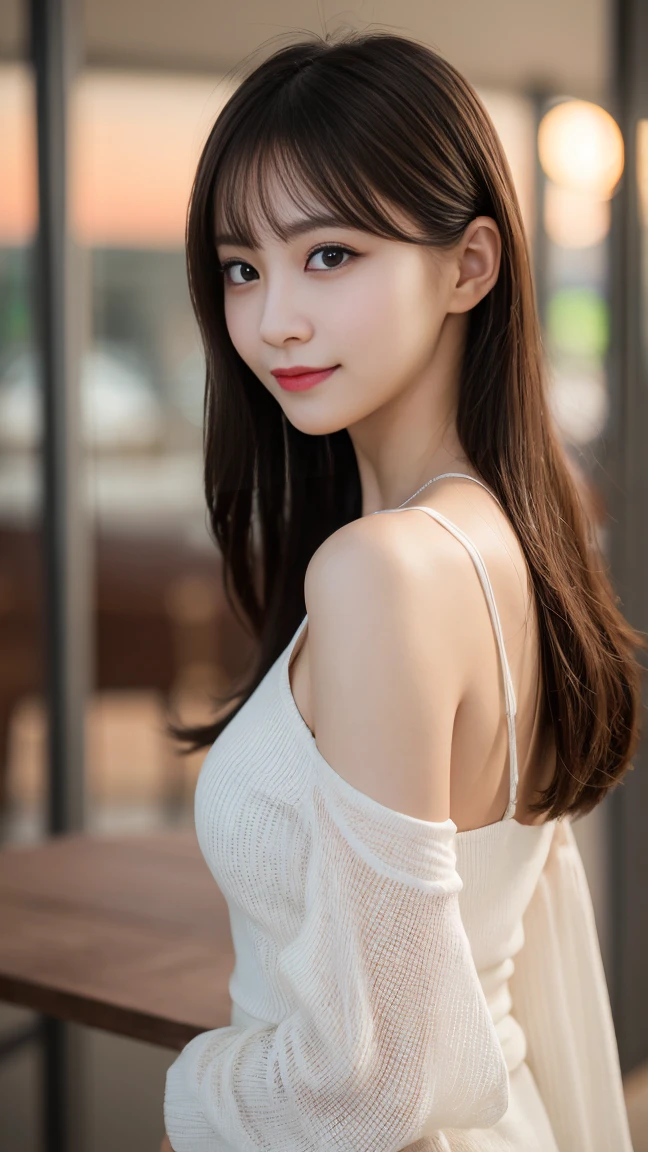 Tabletop, Highest quality, shape, Very detailed, finely, High resolution, 8k wallpaper, 完璧なダイナミックな構shape, Beautiful and detailed,ランダムなcute髪,,Natural color lip, 20-year-old girl、cute、Looking into the camera,Always blur the background,Perfect and beautiful face,Slim face and figure,Big eyes、Putting on gal makeup,Small face、Blurred Background,Elegant feminine face、Cyberpunk Fashion、smile、sunset、Change pose randomly、Randomly change the shooting angle and position