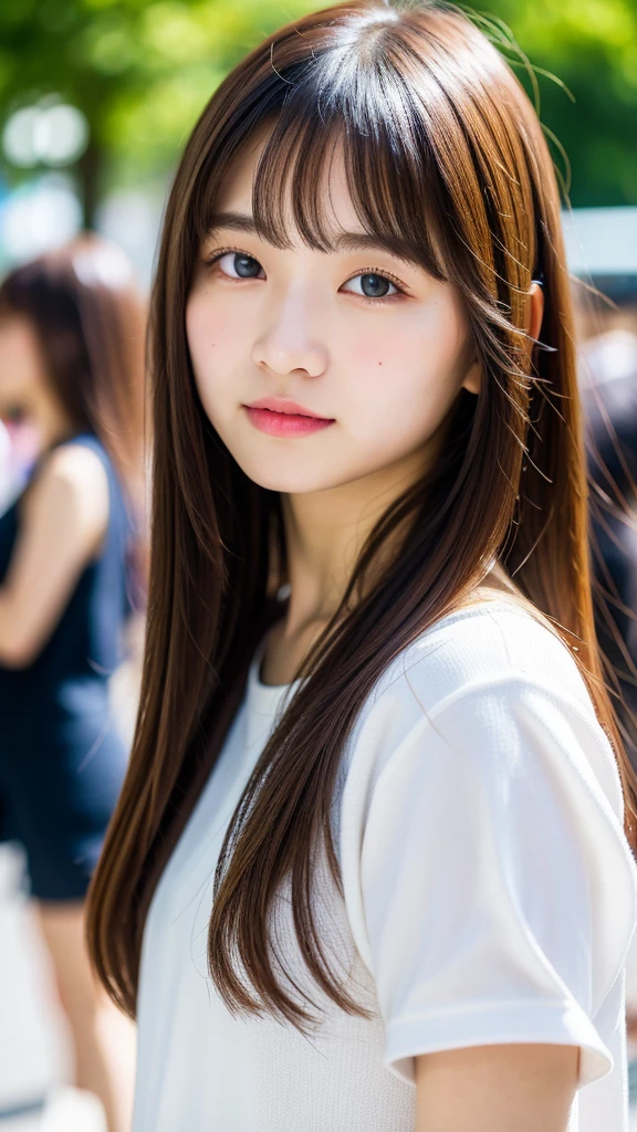 (best quality, 8k, 32k, masterpiece, UHD:1.2), ultra high resolution, (pretty a Japanese girl), 15 years ol detailed black eyes, semi long brown hair, bangs, portrait, crowded city boulevard on a bright sunny day