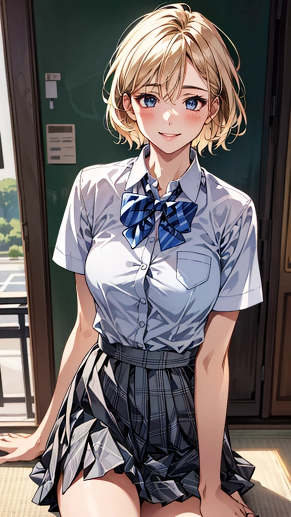 (masterpiece:1.3, Highest quality, Ultra-high resolution, Super detailed), (Realistic, photoRealistic:1.4), Beautiful illustrations, Perfect lighting, Natural light, colorful, Depth of written boundary,
View your viewers, whole body, Front view:0.6, 1 girl, Japanese, high School girl, Perfect Face, (Perfect Anatomy), Cute and symmetrical face, Baby Face, Glowing Skin, ,
(short hair:1.5, Pixie Cut:1.2, Blonde), Hair between the eyes, blue eyes, Long eyelashes, (Large Breasts:0.8),
Beautiful Hair, Beautiful Face, Beautiful attention to detail, Beautiful clavicle, Beautiful body, Beautiful breasts, Beautiful thighs, Beautiful feet, Beautiful fingers,
((Collared short-sleeved shirt, White shirt, Grey plaid pleated skirt, Blue checked bow tie)), pink panties,
(Beautiful views), Daytime, (School), Are standing, (Lift up the skirt, Grab the hem of your skirt, please put your hand on your chest, Place your hands between your legs), (Captivating smile, Upward glance),